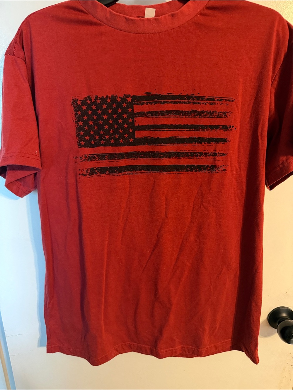 Men's Red Short Sleeve Tee with Distressed Flag Graphic